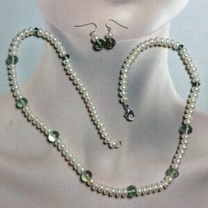 Freshwater Pearl and Rainbow Fluorite Crystal Beads and Earrings Set.